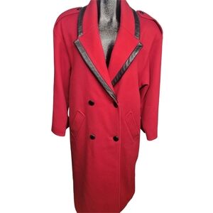 Vintage Red 100% Wool Double-Breasted Maxi Over Coat with Black Trim 6